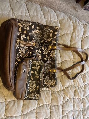 Myra Bag Black Floral Canvas Tote with Brown Leather Trim